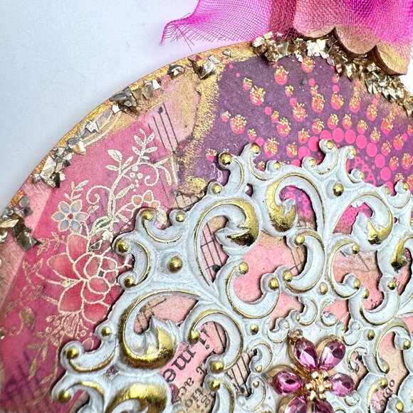 Handcrafted Ornament OOAK Collage Gold White Pink Purple Accents 3" Ribbon - Picture 5 of 11